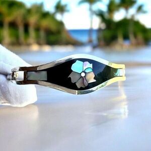 Vintage Alpaca Mexico Women's Bracelet‎ Abalone Shell Floral Silver Tone Signed
